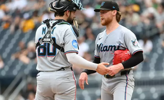 Miami Marlins catcher Joe Mack (left) talks with starting pitcher Max Meyer (23) before throwing to the Pittsburgh Pirates during the sixth inning of a baseball game, Sunday, June 14, 2026, in Pittsburgh. (AP Photo/Philip G. Pavely)