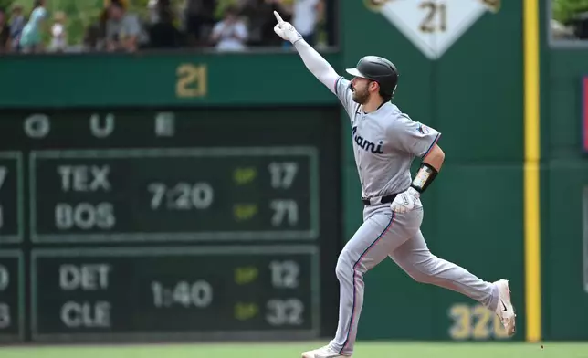 Miami Marlins catcher Joe Mack rounds the bases after hitting a solo homerun off Pittsburgh Pirates starting pitcher Paul Skenes during the second inning of a baseball game, Sunday, June 14, 2026, in Pittsburgh. (AP Photo/Philip G. Pavely)