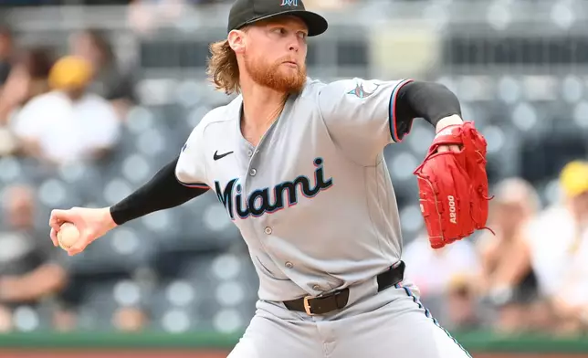 Miami Marlins starting pitcher Max Meyer (23) throws to the Pittsburgh Pirates during the first inning of a baseball game, Sunday, June 14, 2026, in Pittsburgh. (AP Photo/Philip G. Pavely)