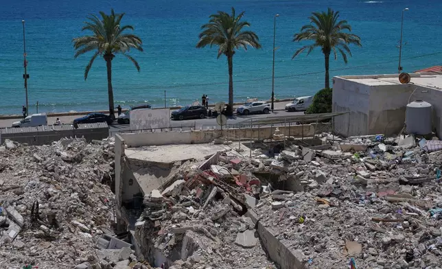 A general view shows rubble from buildings destroyed in Israeli strikes along the waterfront in the southern port city of Tyre, Lebanon, Friday, June 19, 2026. (AP Photo/Hassan Ammar)