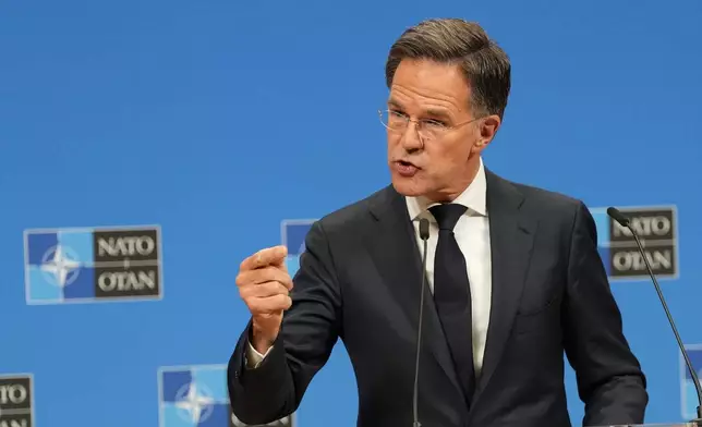 NATO Secretary General Mark Rutte speaks after a meeting of NATO defense ministers at NATO headquarters in Brussels, Thursday, June 18, 2026. (AP Photo/Virginia Mayo)