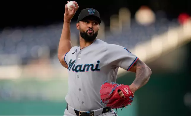 Miami Marlins starting pitcher Sandy Alcantara throws to the Washington Nationals during the first inning of a baseball game, Monday, June 1, 2026, in Washington. (AP Photo/Jess Rapfogel)