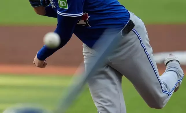 Toronto Blue Jays pitcher Patrick Corbin works against Atlanta Braves' Michael Harris II (23) in the first inning of a baseball game, Wednesday, June 3, 2026, in Atlanta. (AP Photo/Mike Stewart)