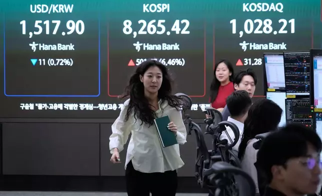 A currency trader passes by a screen showing the Korea Composite Stock Price Index (KOSPI) and the foreign exchange rate between U.S. dollar and South Korean won at the foreign exchange dealing room of the Hana Bank headquarters in Seoul, South Korea, Friday, June 12, 2026. (AP Photo/Ahn Young-joon)