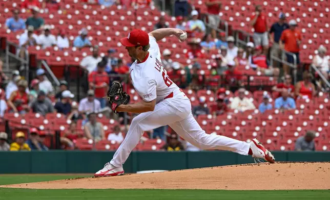 St. Louis Cardinals starting pitcher Kyle Leahy throws the first pitch during the first inning of a baseball game against the San Diego Padres Wednesday, June 17, 2026, in St. Louis. (AP Photo/Lexie Knight)