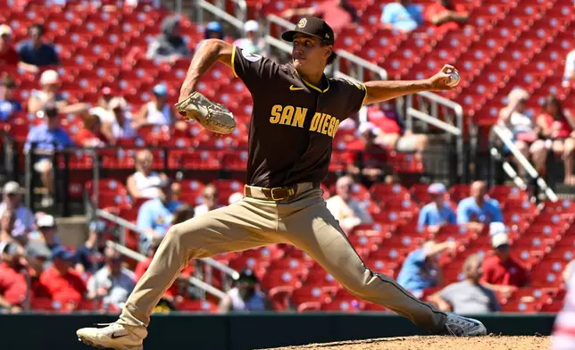 San Diego Padres Kyle Hart pitches during the bottom of the seventh inning of a baseball game against the St. Louis Cardinals, Wednesday, June 17, 2026, in St. Louis. (AP Photo/Lexie Knight)