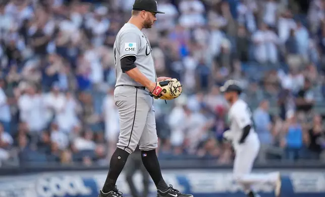 Chicago White Sox pitcher Anthony Kay reacts as New York Yankees' Cody Bellinger runs the bases after hitting a two-run home run during the first inning of a baseball game Wednesday, June 17, 2026, in New York. (AP Photo/Frank Franklin II)