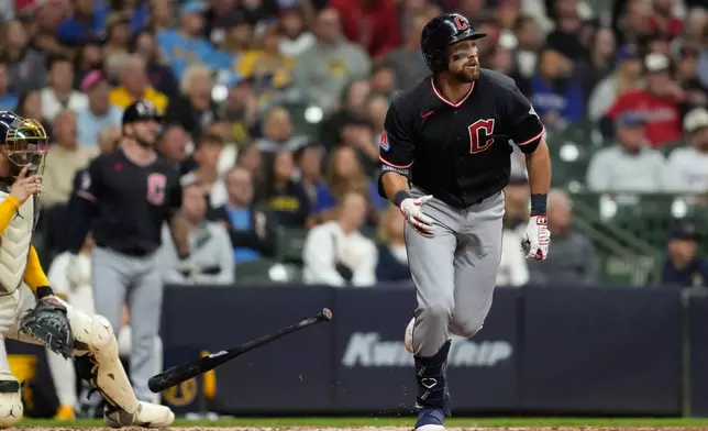 Cleveland Guardians' Daniel Schneemann drops his bat after hitting a grand slam during the fourth inning of a baseball game against the Milwaukee Brewers, Wednesday, June 17, 2026, in Milwaukee. (AP Photo/Aaron Gash)