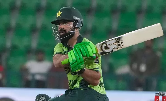 Pakistan's Shadab Khan bats during the second one-day international cricket match between Pakistan and Australia, in Lahore, Pakistan, Tuesday, June 2, 2026. (AP Photo/K.M. Chaudary)