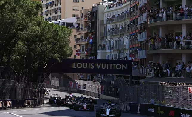Italy's Andrea Kimi Antonelli steers his Mercedes as he leads during the Formula One Monaco Grand Prix race at the Monaco racetrack, Sunday, June 7, 2026. (AP Photo/Fatima Shbair)