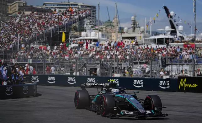 Mercedes driver Andrea Kimi Antonelli of Italy steers his car during the qualifying session for the Monaco F1 Grand Prix, at the Monaco racetrack, Saturday, June 6, 2026. (AP Photo/Philippe Magoni)