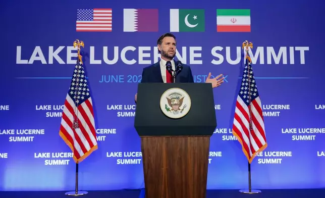 Vice President JD Vance speaks to members of the media after the U.S. and Iran held high-level talks at the Bürgenstock Resort in Obbuergen, near Lucerne, in Switzerland, Monday, June 22, 2026. (Nathan Howard/Pool Photo via AP)