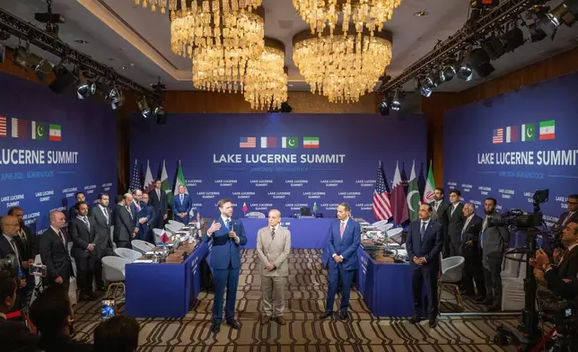 From left, US Vice-President JD Vance, Prime Minister of Islamic Republic of Pakistan, Shehbaz Sharif and Premier minister of Qatar Mohammed bin Abdulrahman bin Jassim Al Thani, at the Buergenstock resort resort in Obbuergen, near Lucerne, Switzerland, Sunday, June 21, 2026. (Urs Flueeler, Pool Photo via AP)