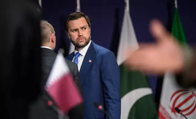 US Vice President JD Vance prior to a quadrilateral meeting between the United States, Iran, Pakistan and Qatar at the Burgenstock luxury hotel complex overlooking Lake Lucerne, Switzerland, Sunday June 21, 2026. (Fabrice Coffrini/Keystone via AP)