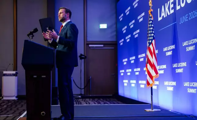 Vice President JD Vance speaks to members of the media after the U.S. and Iran held high-level talks at the Bürgenstock Resort in Obbuergen, near Lucerne, in Switzerland, Monday, June 22, 2026. (Nathan Howard/Pool Photo via AP)