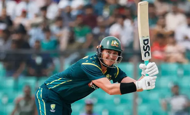Australia's Matt Renshaw plays a shot during the second T20 international cricket match between Australia and Bangladesh, in Chattogram, Bangladesh, Friday, June 19, 2026. (AP Photo/Mosaraf Hossain)