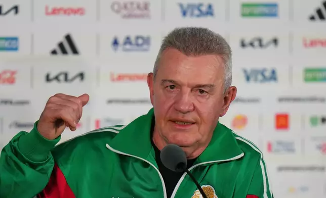 Mexico's coach Javier Aguirre speaks during a press conference at the stadium in Mexico City, Wednesday, June 10, 2026. (AP Photo/Eduardo Verdugo)