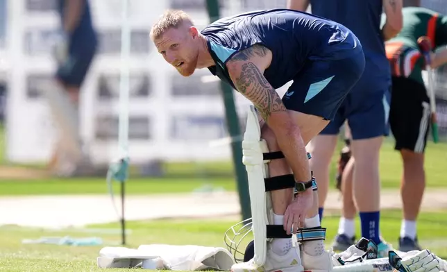 England's Ben Stokes prepares for a nets session at Trent Bridge Cricket Ground, ahead of the third cricket test match against New Zealand, in Nottingham, England, Wednesday June 24, 2026. (Mike Egerton/PA via AP)