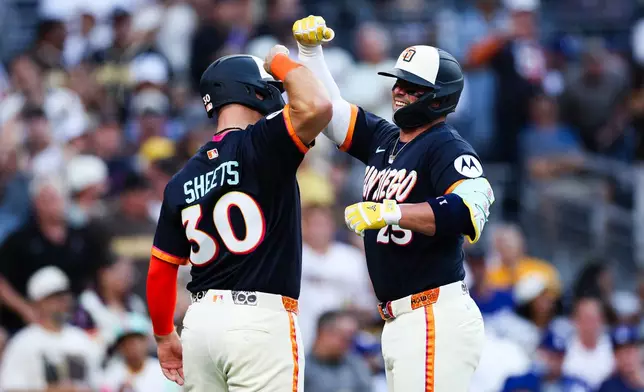 San Diego Padres' Ty France, right, celebrates with Gavin Sheets after hitting a three-run home run against the Los Angeles Dodgers in the second inning of a baseball game, Friday, June 26, 2026, in San Diego. (AP Photo/Derrick Tuskan)