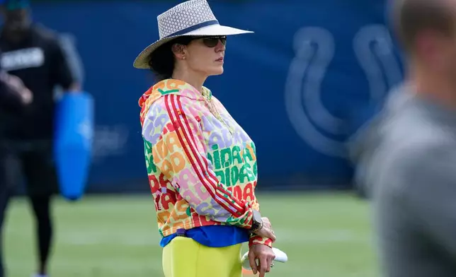 Indianapoilis Colts CEO and co-owner Carlie Irsay-Gordon watches during the NFL football team's practice in Indianapolis, Tuesday, June 9, 2026. (AP Photo/Michael Conroy)