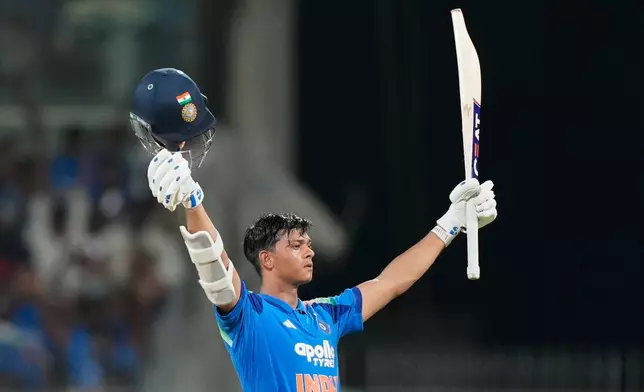 India's Yashasvi Jaiswal celebrates his century during the third ODI cricket match between Afghanistan and India in Chennai, India, Saturday, June 20, 2026. (AP Photo/Mahesh Kumar A.)