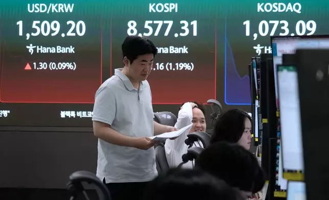 Currency traders work near a screen showing the Korea Composite Stock Price Index (KOSPI) and the foreign exchange rate between U.S. dollar and South Korean won at the foreign exchange dealing room of the Hana Bank headquarters in Seoul, South Korea, Monday, June 1, 2026. (AP Photo/Ahn Young-joon)