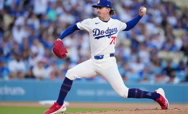 Los Angeles Dodgers pitcher Justin Wrobleski throws to the plate during the first inning of a baseball game against the Tampa Bay Rays, Tuesday, June 16, 2026, in Los Angeles. (AP Photo/Mark J. Terrill)