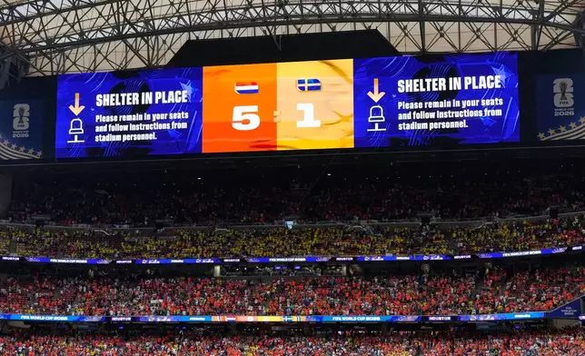 The video screen shows the final score and a Shelter in Place order due to the weather at the the end of the World Cup Group F soccer match between the Netherlands and Sweden in Houston, Saturday, June 20, 2026. (AP Photo/Ashley Landis)