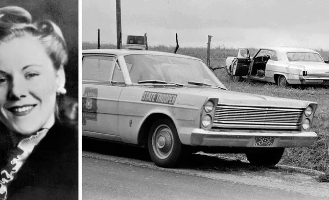 FILE - This combination image shows an undated file photo of white civil rights activist from Detroit, Viola Liuzzo, left, who was helping to shuttle black demonstrators between Selma and Montgomery, Ala., and at right, a March 26, 1965, file photo of an Alabama state trooper's car, parked near Liuzzo's car, after she was shot to death in it near Lownsboro, Miss., on route to Montgomery. (AP Photo/Jack Thornell, File)