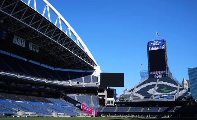 Seattle Stadium, normally known as Lumen Field, is seen with new signage as preparations continue ahead of the 2026 FIFA World Cup matches, Wednesday, May 27, 2026, in Seattle. (AP Photo/Lindsey Wasson)