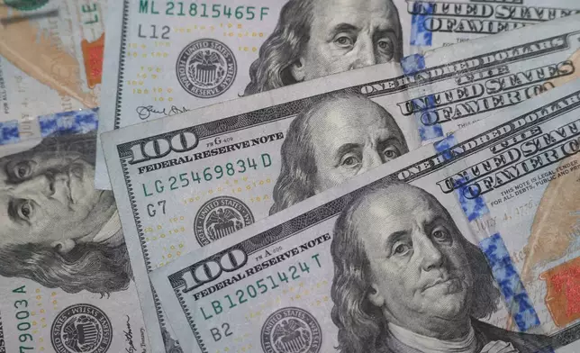 FILE - This Jan. 22, 2020, file photo shows the likeness of Benjamin Franklin on $100 bills in Dallas. (AP Photo/LM Otero, File)
