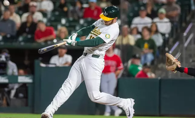 Athletics' Jonah Heim hits a home run during the ninth inning of a baseball game against the Los Angeles Angels in West Sacramento, Calif., Friday, June 19, 2026. (AP Photo/Nic Coury)