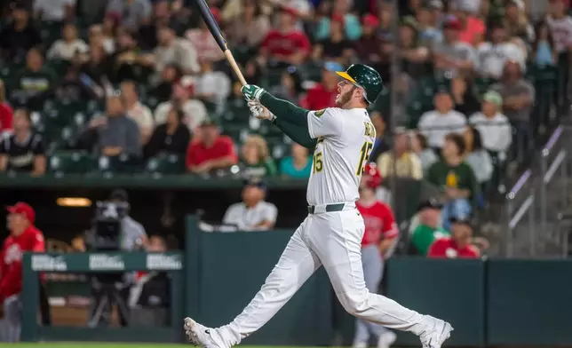 Athletics' Jonah Heim hits a home run during the ninth inning of a baseball game against the Los Angeles Angels in West Sacramento, Calif., Friday, June 19, 2026. (AP Photo/Nic Coury)