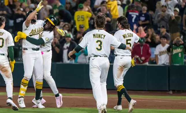 The Athletics celebrate winning a baseball game against the Los Angeles Angels in West Sacramento, Calif., Friday, June 19, 2026. (AP Photo/Nic Coury)