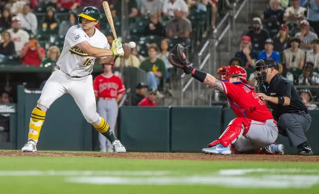 Athletics' Nick Kurtz (16) takes ball four to force a run during the tenth inning of a baseball game beating the Los Angeles Angels in West Sacramento, Calif., Friday, June 19, 2026. (AP Photo/Nic Coury)