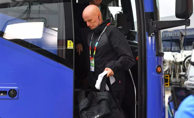 Norway head coach Stale Solbakken arrives before the World Cup Group I soccer match between Norway and France in Foxborough, Mass., near Boston, Friday, June 26, 2026. (AP Photo/Steven Senne)