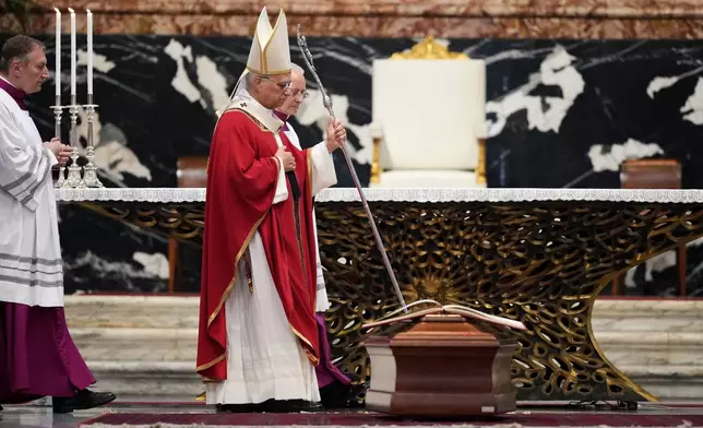 Pope Leo XIV celebrates the funeral service for late Cardinal Camillo Ruini, in St.Peter's Basilica at the Vatican, Thursday, June 18, 2026. (AP Photo/Andrew Medichini)
