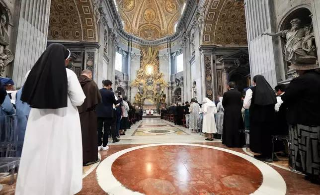 Pope Leo XIV celebrates the funeral service for late Cardinal Camillo Ruini, in St.Peter's Basilica at the Vatican, Thursday, June 18, 2026. (AP Photo/Andrew Medichini)
