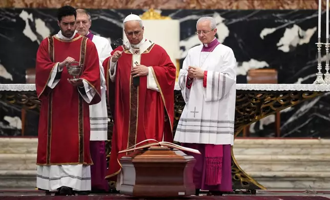 Pope Leo XIV celebrates the funeral service for late Cardinal Camillo Ruini, in St.Peter's Basilica at the Vatican, Thursday, June 18, 2026. (AP Photo/Andrew Medichini)