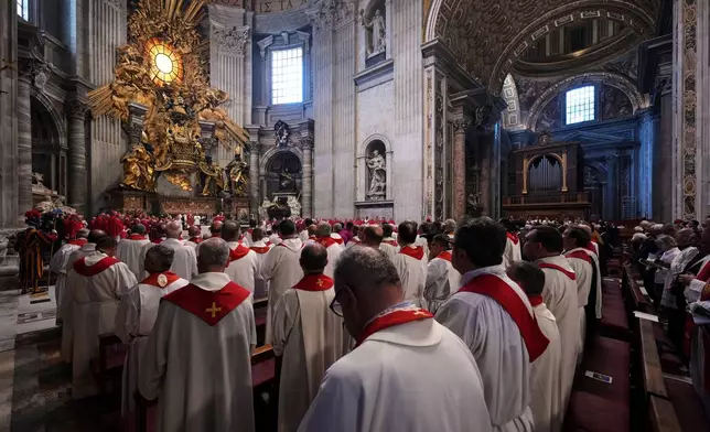 Pope Leo XIV celebrates the funeral service for late Cardinal Camillo Ruini, in St.Peter's Basilica at the Vatican, Thursday, June 18, 2026. (AP Photo/Andrew Medichini)