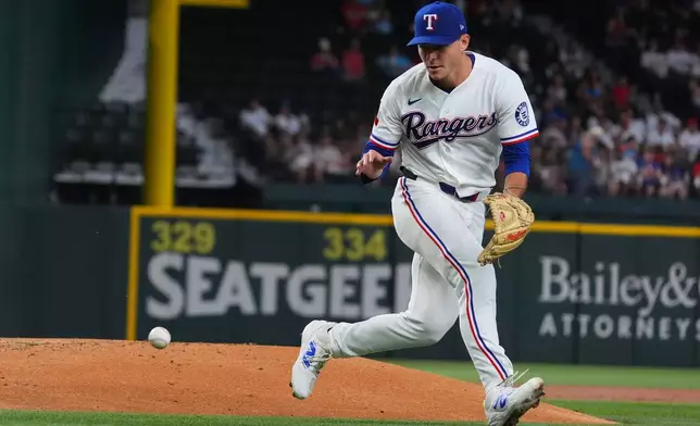 Texas Rangers starting pitcher Jack Leiter fields in groundout hit by Cleveland Guardians' Daniel Schneemann during the third inning of a baseball game, Saturday, June 6, 2026, in Arlington, Texas. (AP Photo/LM Otero)