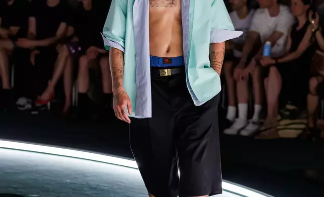 Romeo Beckham in UGG® Willy Chavarria Biker; Runway Photography Credit: Courtesy of Willy Chavarria; Backstage Photography Credit: Taylor Rainbolt