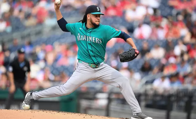 Seattle Mariners pitcher Luis Castillo throws during the third inning of a baseball game against the Washington Nationals, Saturday, June 13, 2026, in Washington. (AP Photo/Nick Wass)