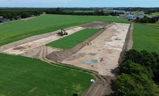 An aerial shot shows an archaeological site in Soften near Aarhus, Denmark, on June 22, 2026. (AP Photo/James Brooks)