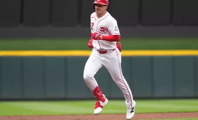 Cincinnati Reds' JJ Bleday rounds the bases after hitting a solo home run during the first inning of a baseball game against the Kansas City Royals, Monday, June 1, 2026, in Cincinnati. (AP Photo/Kareem Elgazzar)