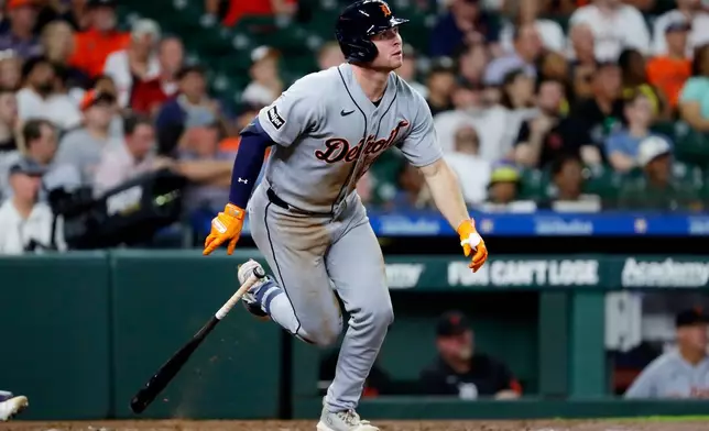 Detroit Tigers' Colt Keith watches his two-run home run against the Houston Astros during the third inning of a baseball game Monday, June 15, 2026, in Houston. (AP Photo/Michael Wyke)