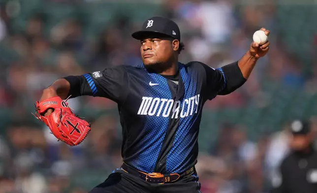 Detroit Tigers pitcher Framber Valdez throws against the New York Yankees during the first inning of a baseball game Monday, June 22, 2026, in Detroit. (AP Photo/Paul Sancya)