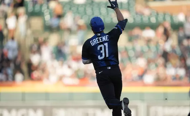 Detroit Tigers' Riley Greene reacts to his home run agains the New York Yankees during the fifth inning of a baseball game Monday, June 22, 2026, in Detroit. (AP Photo/Paul Sancya)