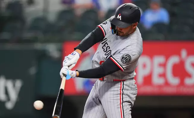 Minnesota Twins' Trevor Larnach hits a single during the first inning of a baseball game against the Texas Rangers, Thursday, June 18, 2026, in Arlington, Texas. (AP Photo/LM Otero)