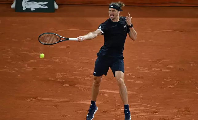 Germany's Alexander Zverev returns to Spain's Rafael Jodarduring the quarterfinal tennis match at the French Open in Paris, Tuesday, June 2, 2026. (AP Photo/Emma Da Silva)